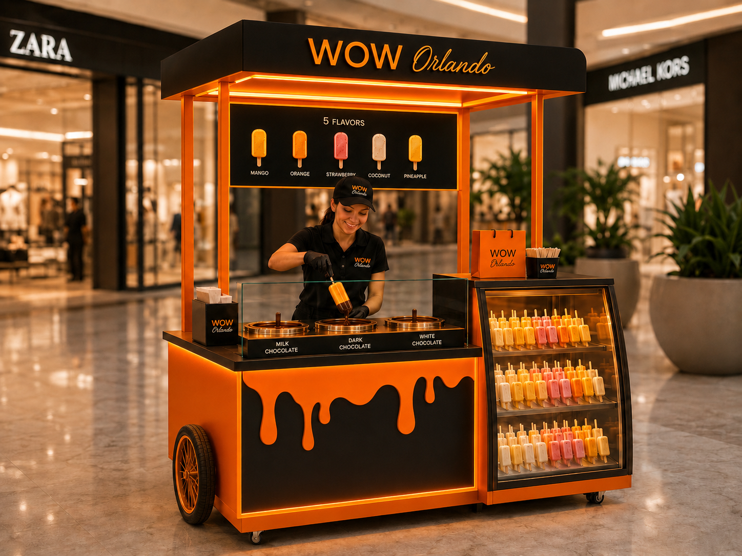 WOW Orlando premium ice cream cart in a luxury mall